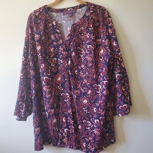 Gloria Vanderbilt Womens Blouse Size XL Blue Floral V Neck 3/4 Sleeve Batik Boho